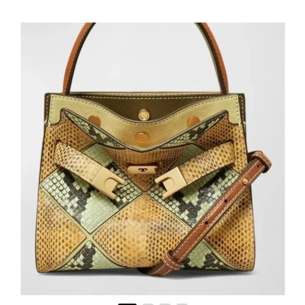 Tory Burch Green and Brown Satchel with Patchwork Design